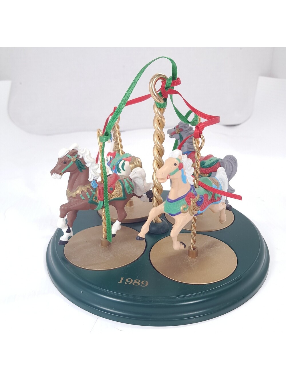 Hallmark Christmas Carousel Horses 1989 Set & stand Ginger Snow Holly Star Vntge